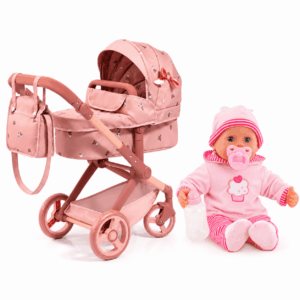 Bayer Design First Words Baby Doll 38cm with Xeo Coral Pink Floral Doll Pram Bundle
