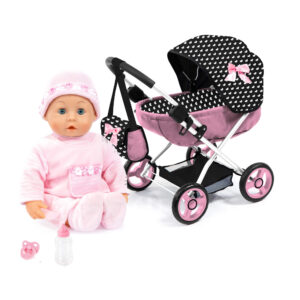 Bayer Design First Words Baby Doll Pink 38cm with Cosy Doll Pram Pink Bow Bundle